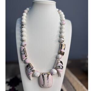 80s Ceramic Abstract White & Pink Necklace.
